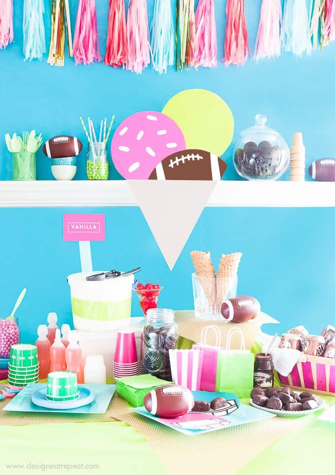 I wanted to set up a non-traditional football ice cream party, so I set out to create this colorful tablescape! No team colors, just girly decorations to make game day fun for the whole crew!
