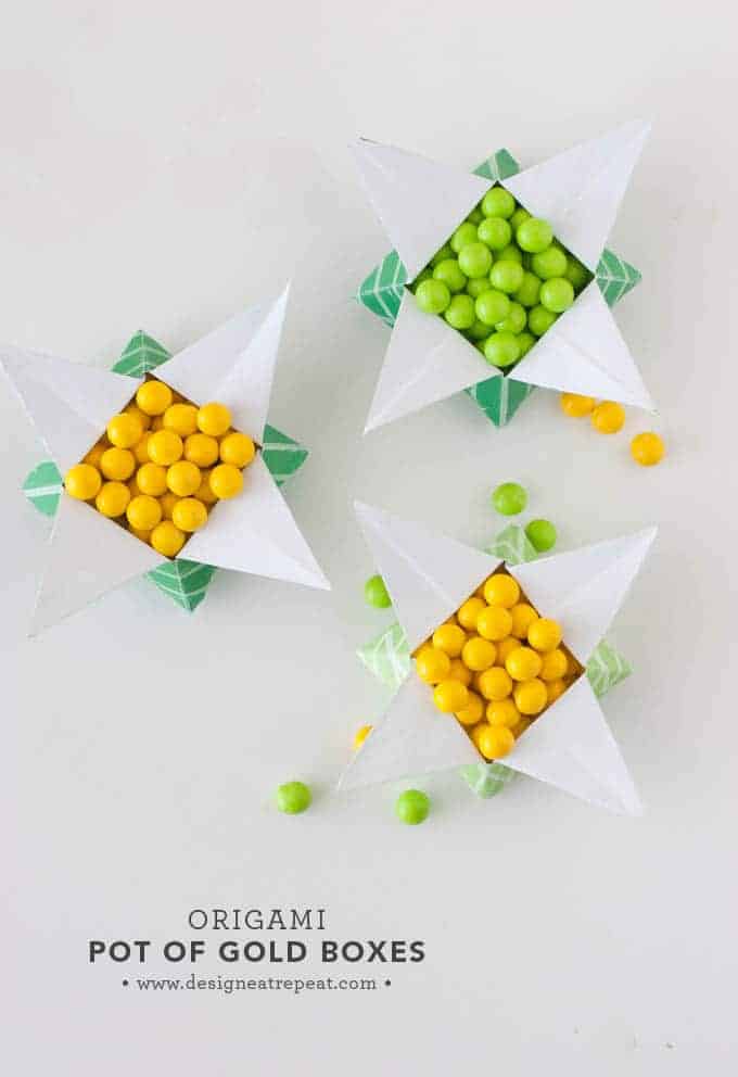 Looking for a quick St. Patrick's Day craft? Print off this FREE paper & follow the tutorial to make a origami "Pot of Gold" box. Fill with candy for a quick & fun project you can make at home!