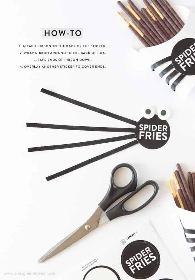 Make these DIY Spider Fry Boxes with paper fry boxes, pocky sticks, and free printable sticker labels! Designed by Melissa at @DesignEatRepeat blog! So fun!