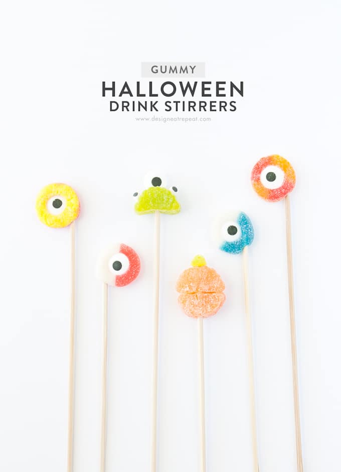 All you need are skewers, gummy rings, and candy eyeballs to make these DIY Halloween Drink Stirrers!