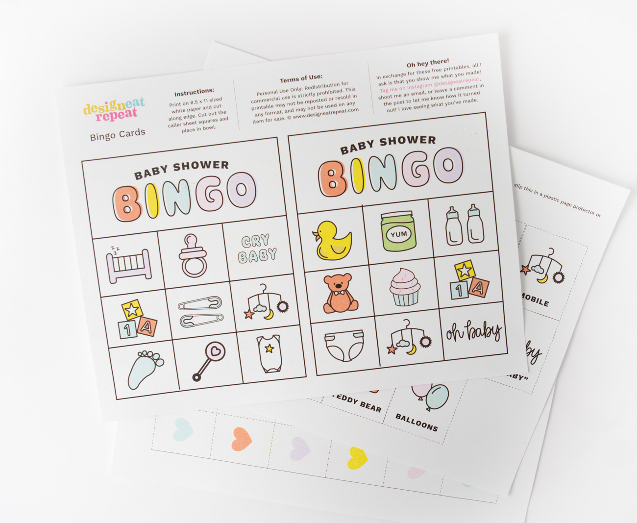 Printed sheet of baby shower bingo cardsa