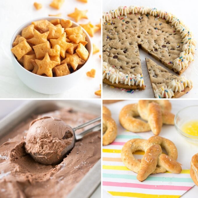 Colalge of bowl of homemade cheese crackers cut in star, heart, and square shapes, Cookie cake, chocolate ice cream scoop, and soft pretzel