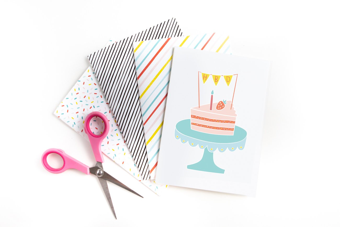 4 printable birthday cards with pink scissors