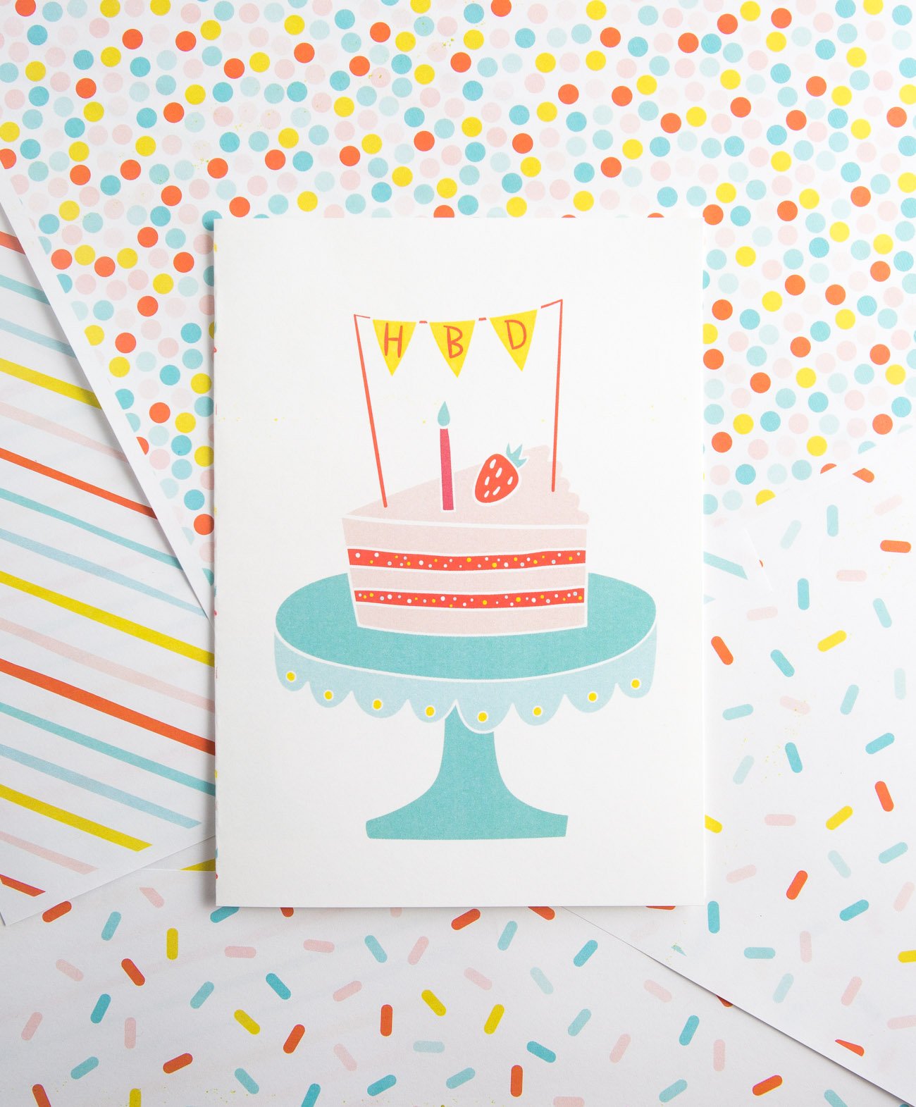Free Printable Cake Birthday Card - slice of cake on cake stand with HBD pennant banner