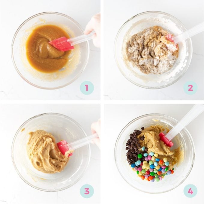 Step by step instructions for mixing M&M cookie cake dough