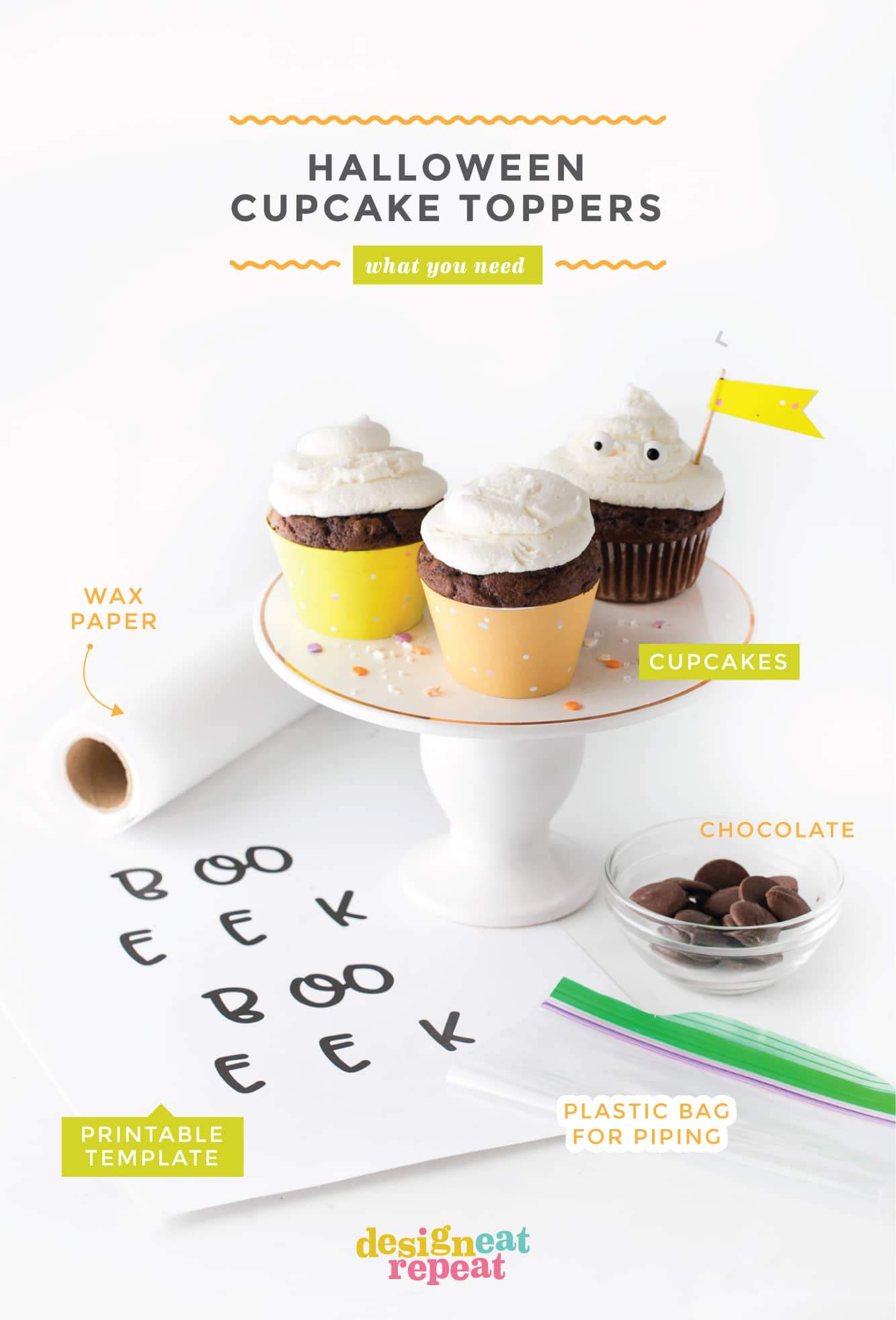 Materials for Edible Halloween Cupcake Toppers. Cupcakes, printable template, wax paper, plastic bag, and chocolate.
