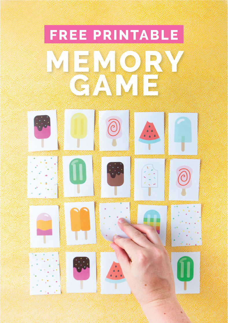 Popsicle printable memory game with hand flipping over card.
