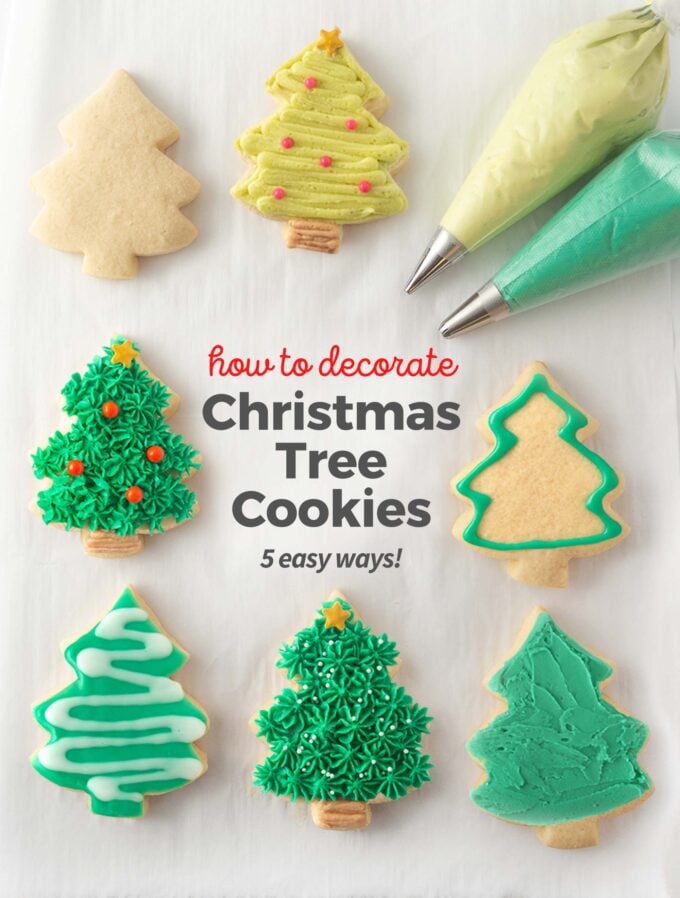 Overhead photos of 5 different types of decorated christmas tree cookies