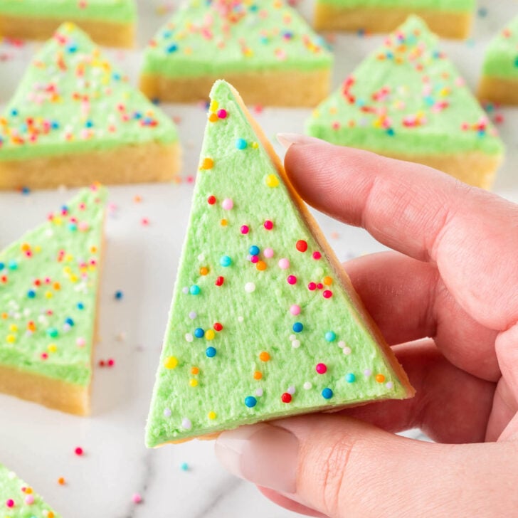 hand holding green christmas tree sugar cookie bars with nonpareil sprinkles