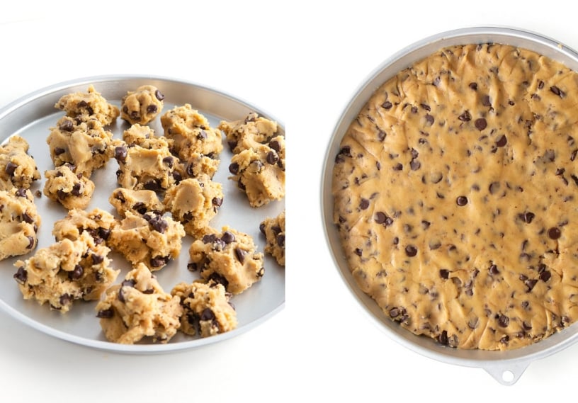 Chocolate chip cookie dough in 12 inch round cookie cake pan