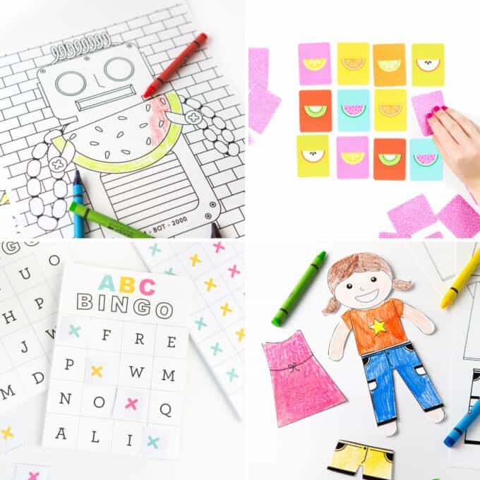 Collage of robot coloring page, fruit slice memory game with hand, abc bingo card, and coloring book paper doll