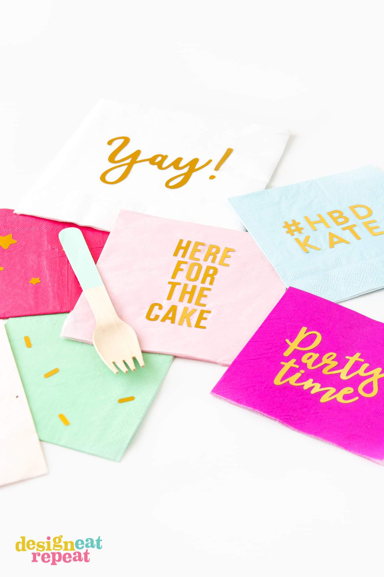 Pink gold foil DIY napkins that say "here for the cake", "yay", and "party time".