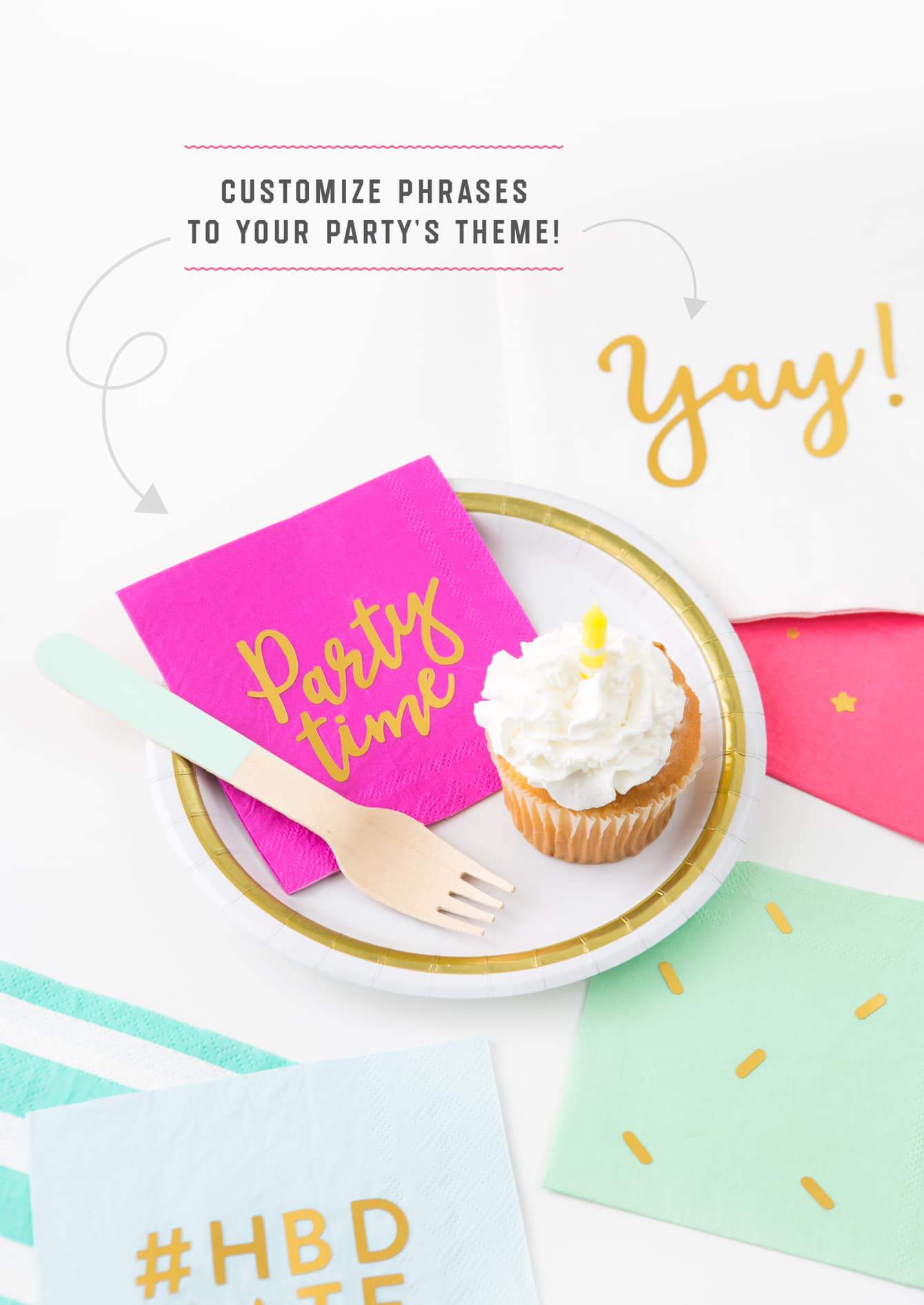 Customize phrases to party theme on gold foil DIY napkins. Pink napkin with phrase "party time" and sprinkle napkin with cupcake.