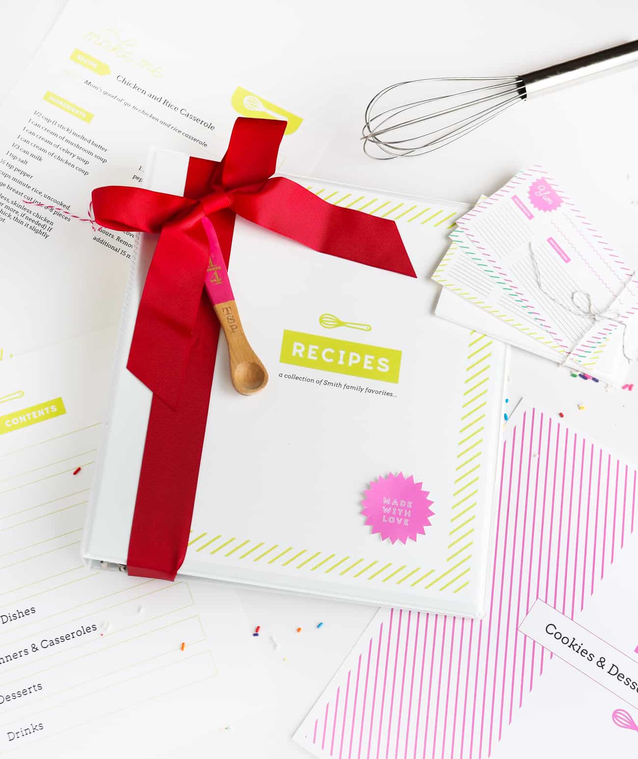 Organize your favorite recipes into a DIY recipe book with these fun and free printable recipe binder kit templates! Perfect for gifting to friends or family or just as a way to organize your favorite family recipes.  