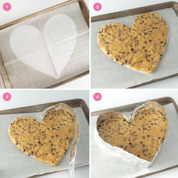 how to make heart-shaped cookie cake without pan using aluminum foil
