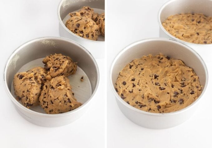 chocolate chip double layer cookie cake dough in 8 inch metal pans