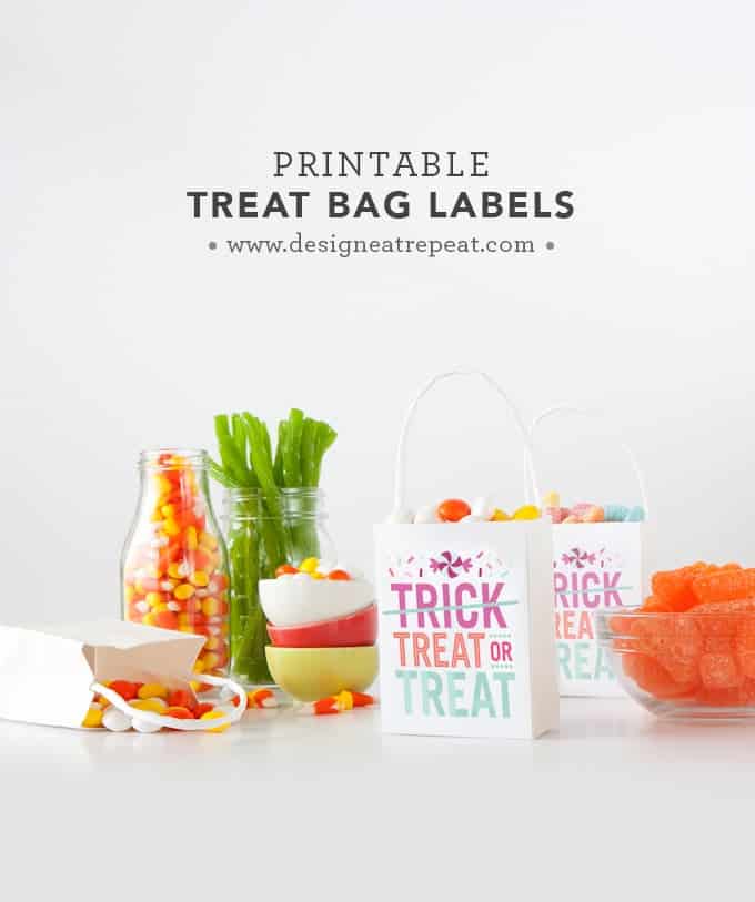 Download these free printable "Treat or Treat" labels for a fun Halloween treat bag idea! By Design Eat Repeat