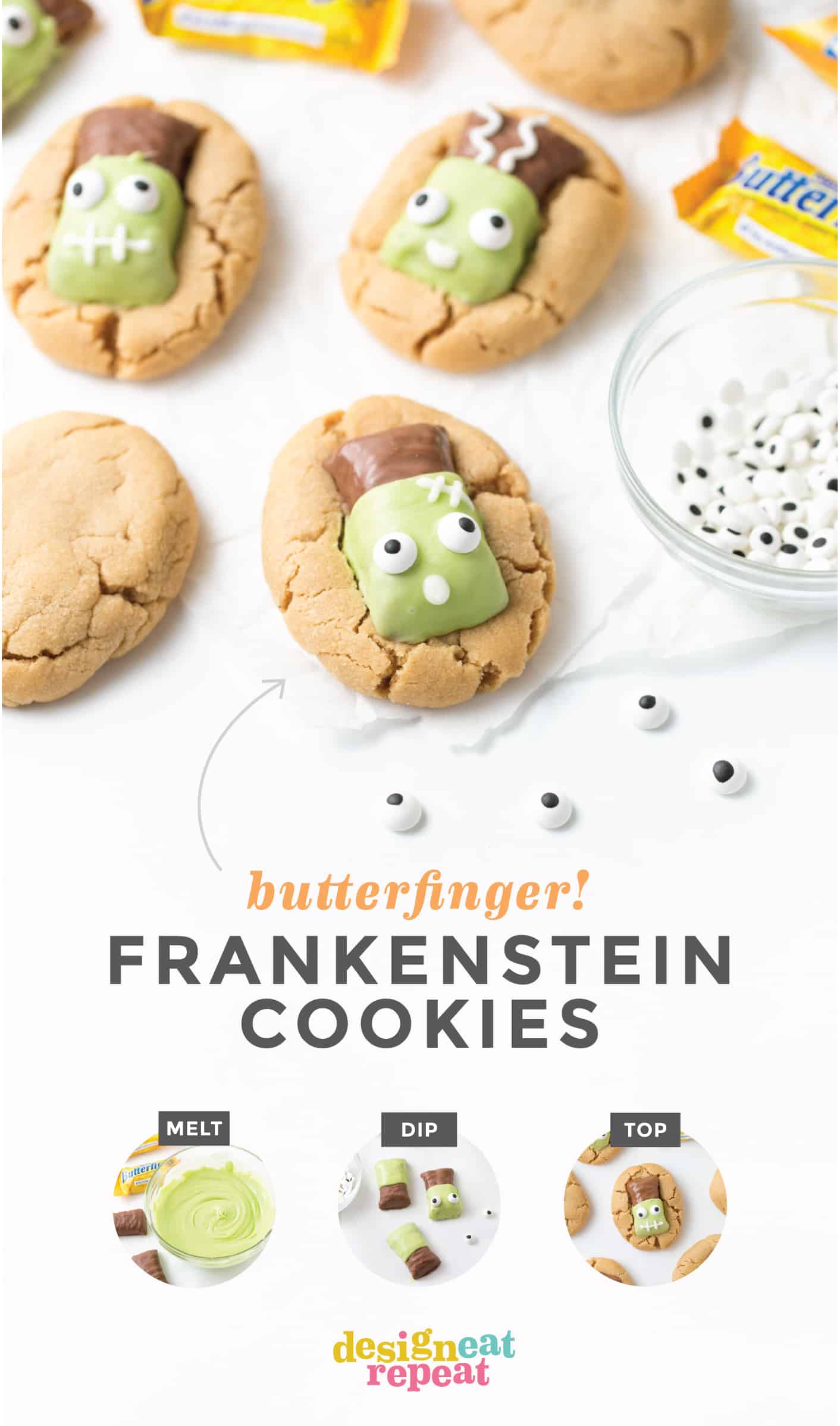 Peanut Butter Cookies with Butterfinger Frankensteins on top. Butterfinger candy bar dipped in green white chocolate then decorated with eyeballs on top.