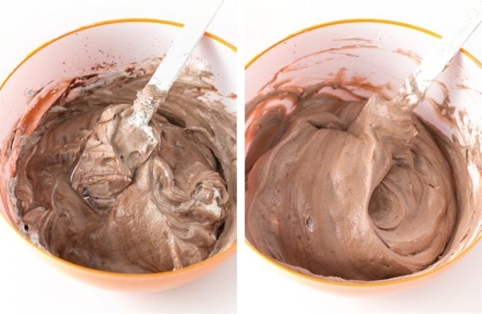 Folding whipped cream into chocolate mixture for chocolate no-churn ice cream