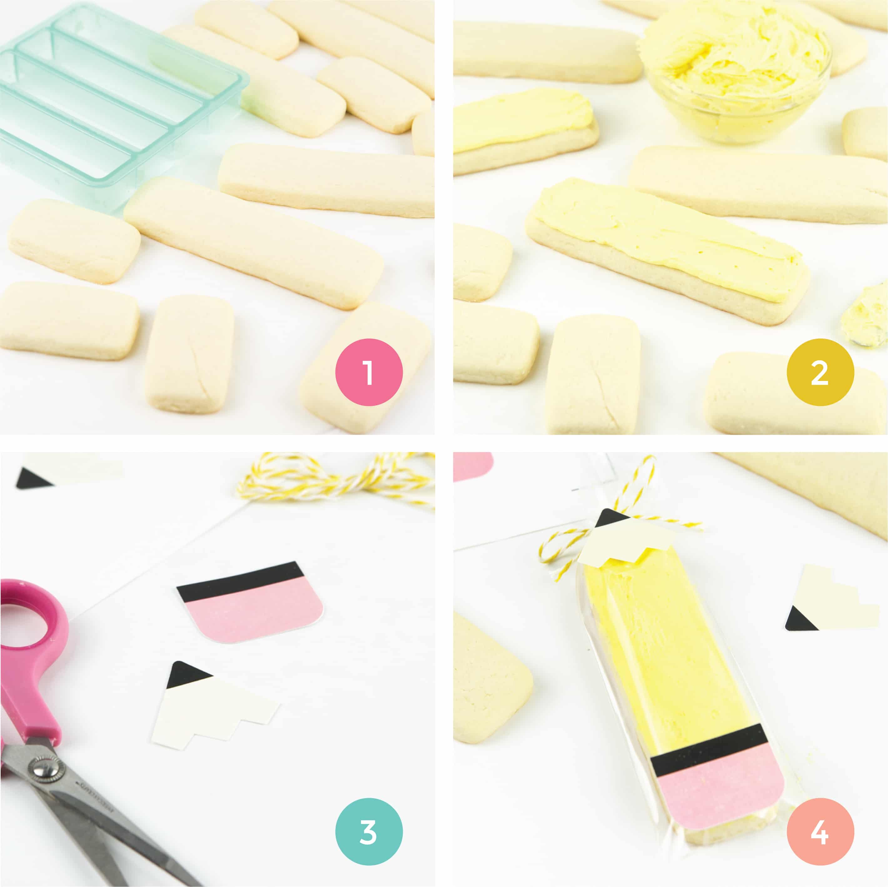 Steps on how to make pencil sugar cookies. Demonstrates how to cut out cookie sticks, how to frost with yellow icing, and how to cut pencil printables.