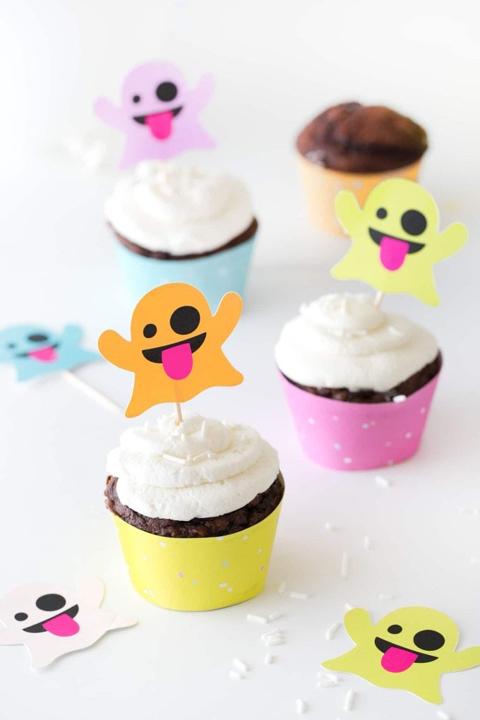 Colorful emoji ghost cupcake toppers