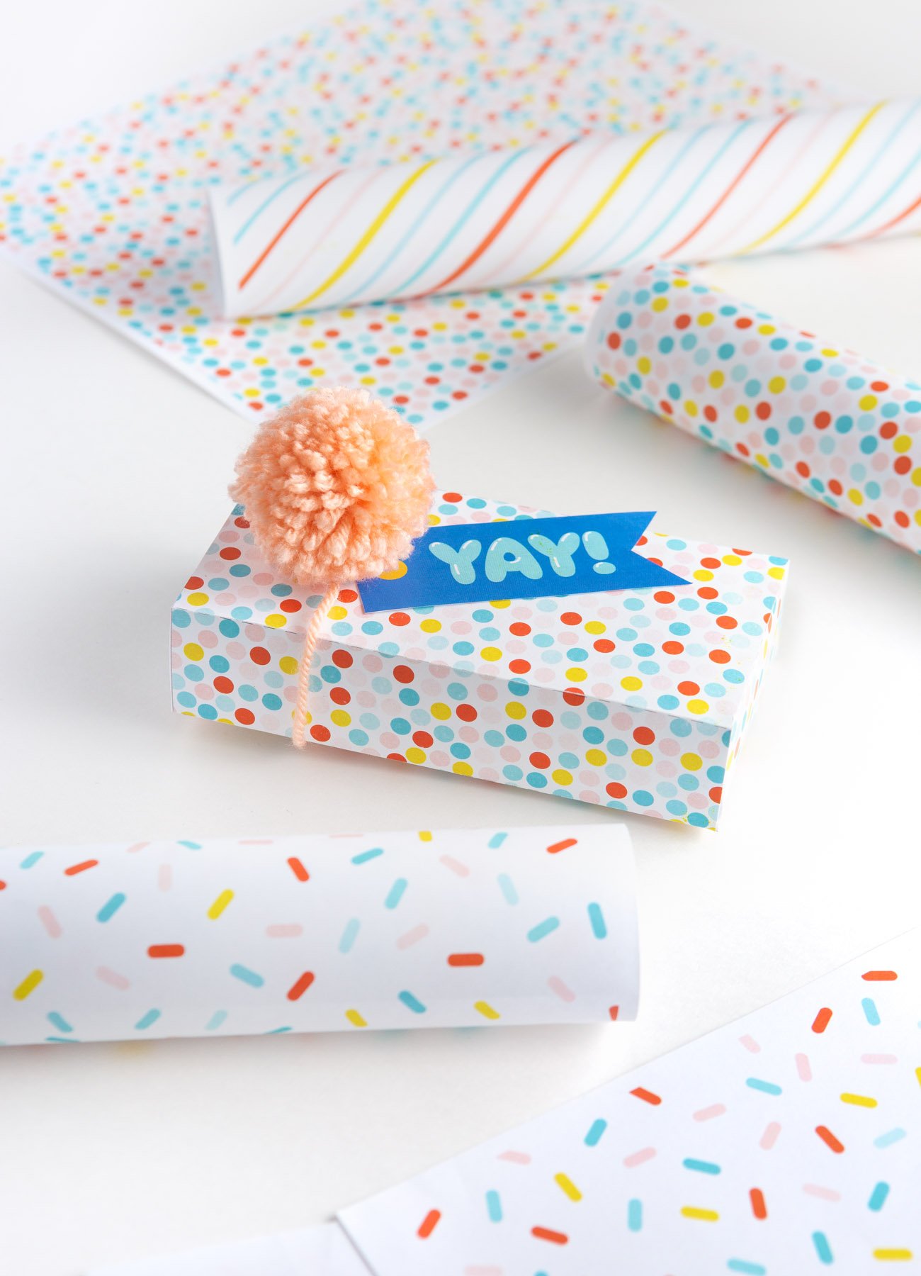 YAY printable happy birthday tag on colorful polka dot gift box