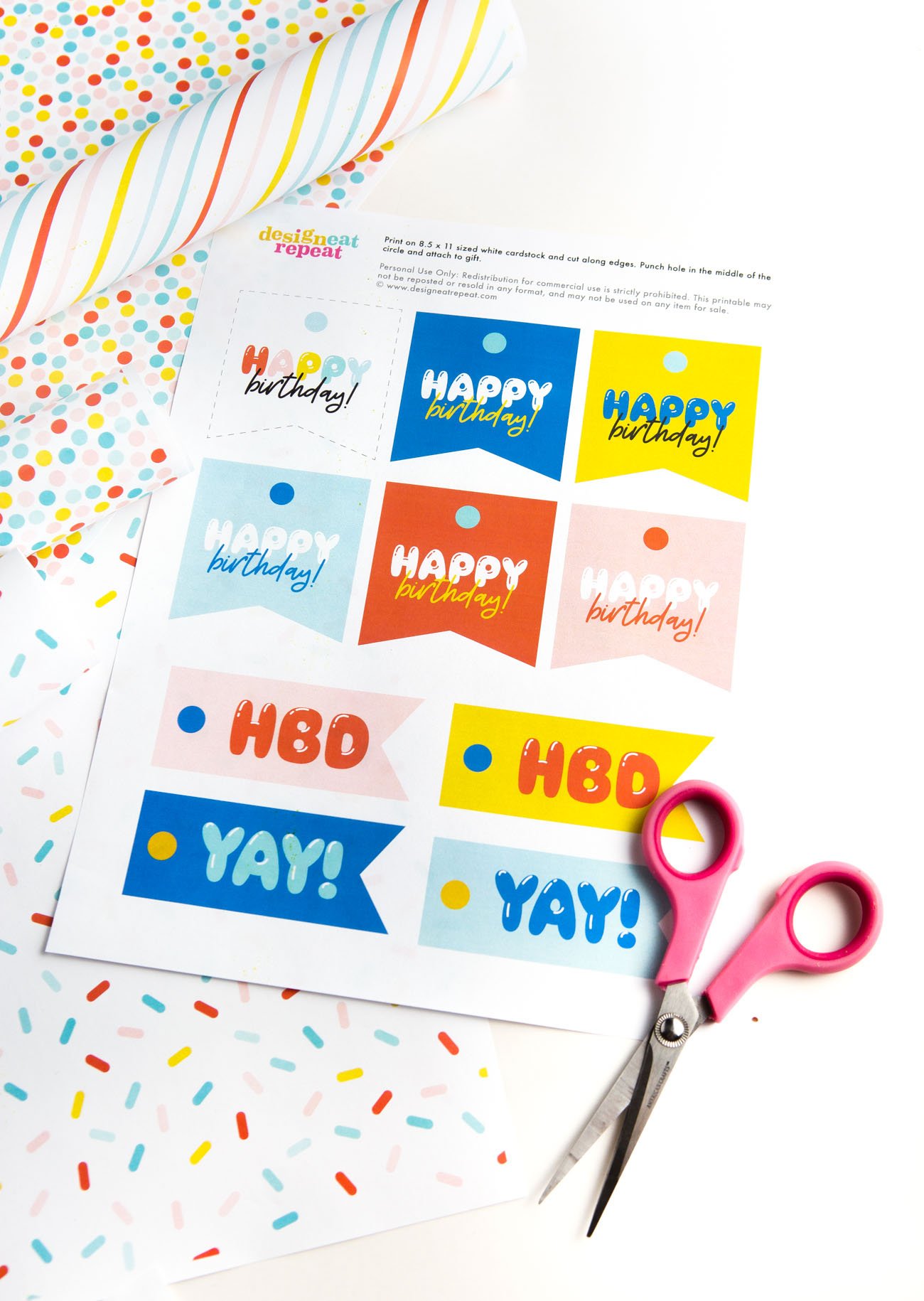 Sheet of Colorful Free Printable Happy Birthday Tags