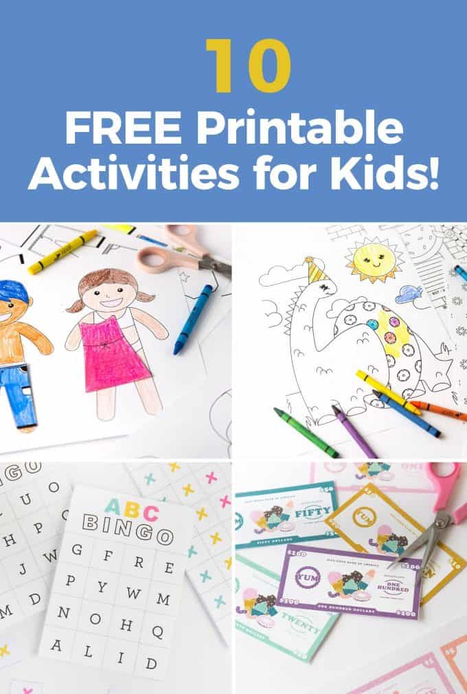 Collage of free printable activities for kids, including paper dolls, dinosaur coloring pages, abc bingo, and printable paper money