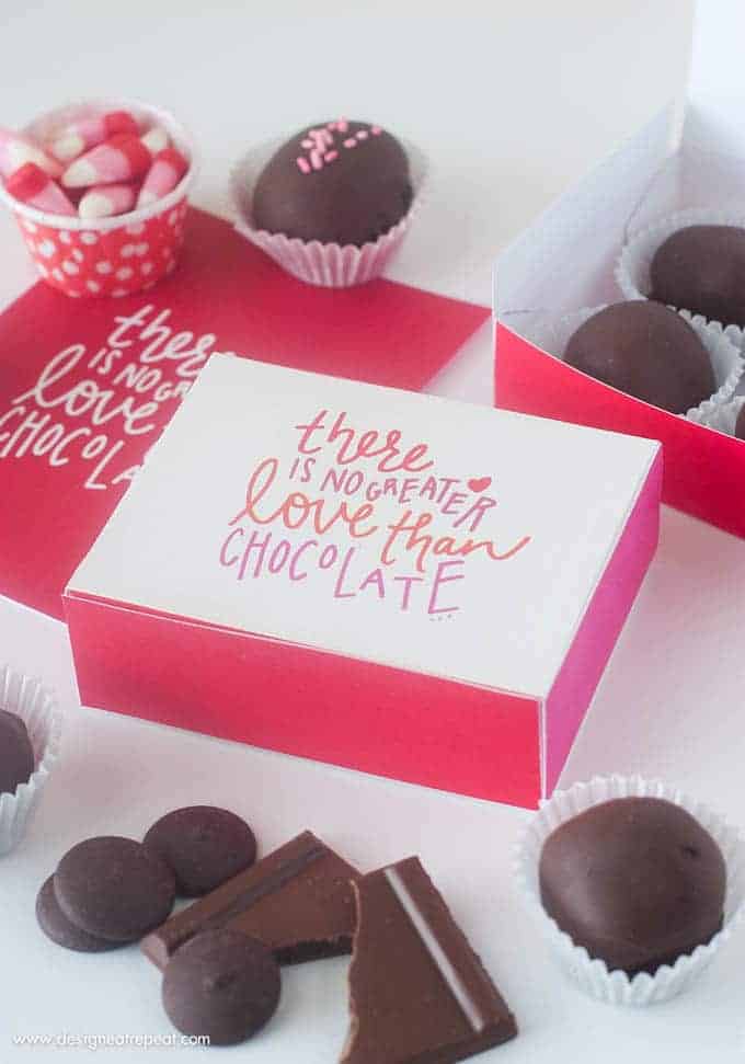 Free Printable Chocolate Gift Box with phrase "there is no greater love than chocolate".