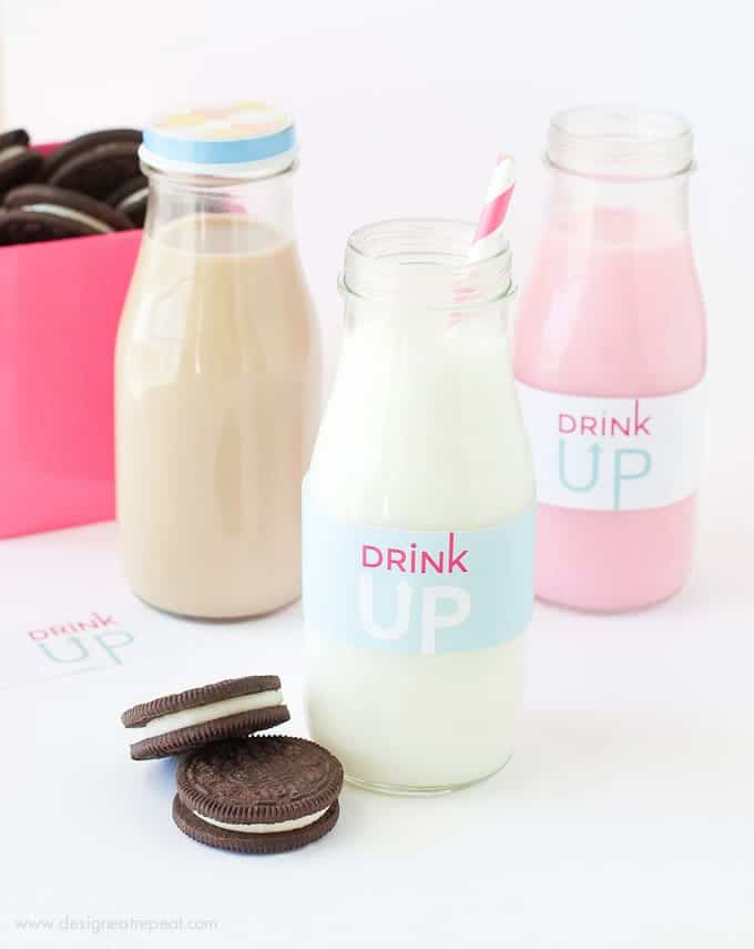 Free Printable "Drink Up" Milk Jar Labels by Design Eat Repeat | Add to a recycled bottle for a fun Milk and Cookie party idea!