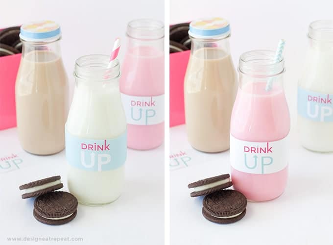 Free Printable "Drink Up" Milk Jar Labels by Design Eat Repeat | Add to a recycled bottle for a fun Milk & Cookie party idea!