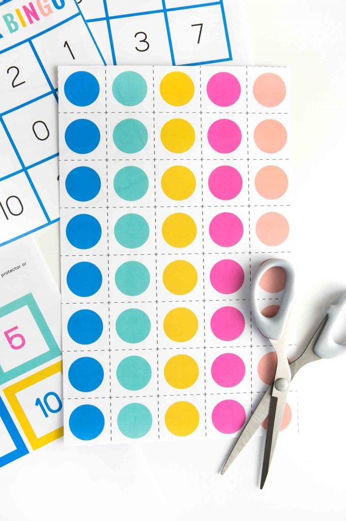 Printed sheet of colorful number bingo marker squares