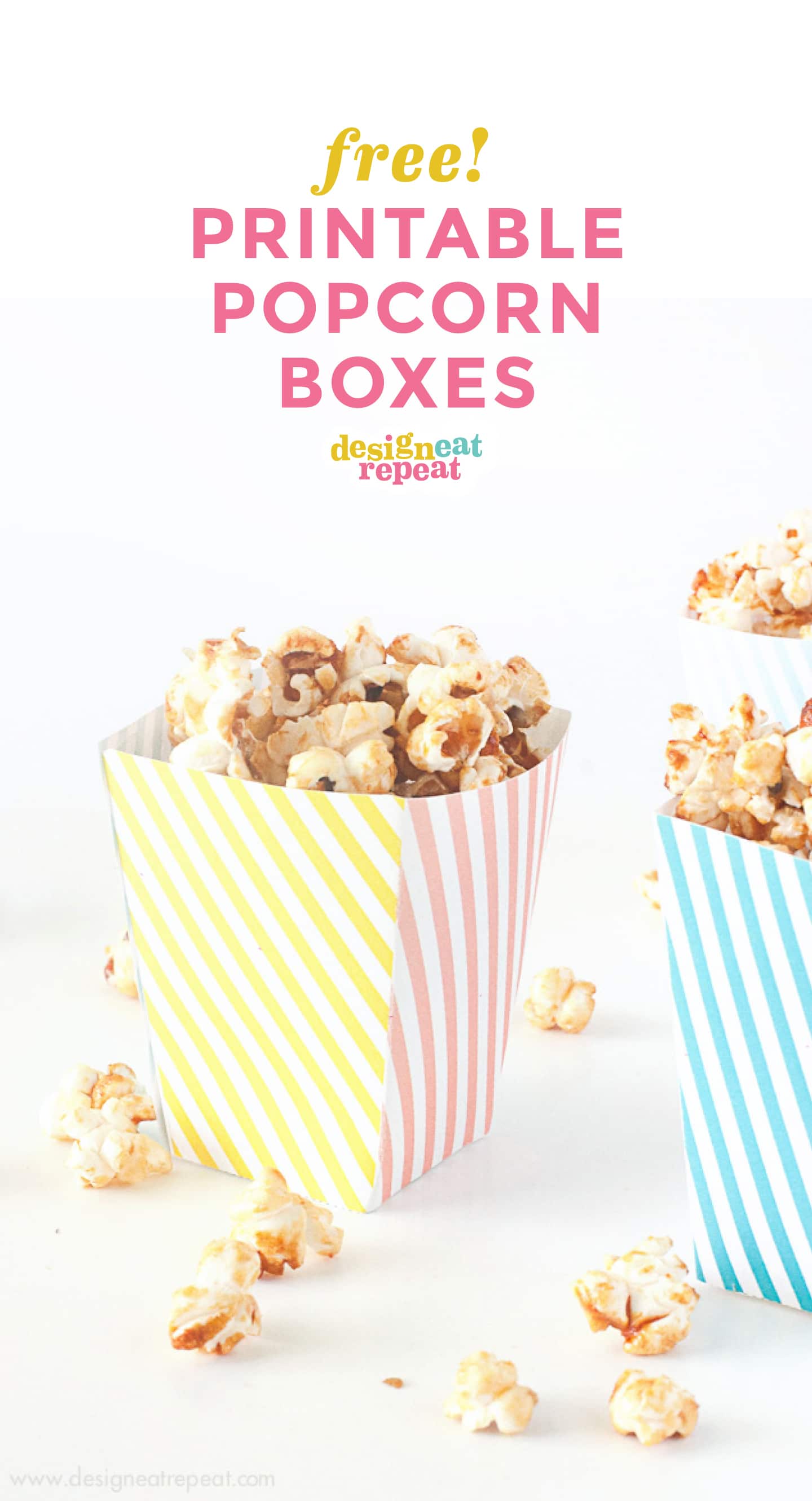Pink, yellow, and blue striped free printable popcorn box template for birthday, circus party, baby shower.