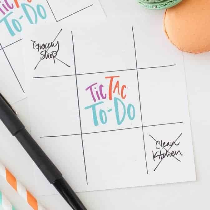 Printable tic tac to do list with grocery shop and clean kitchen crossed off