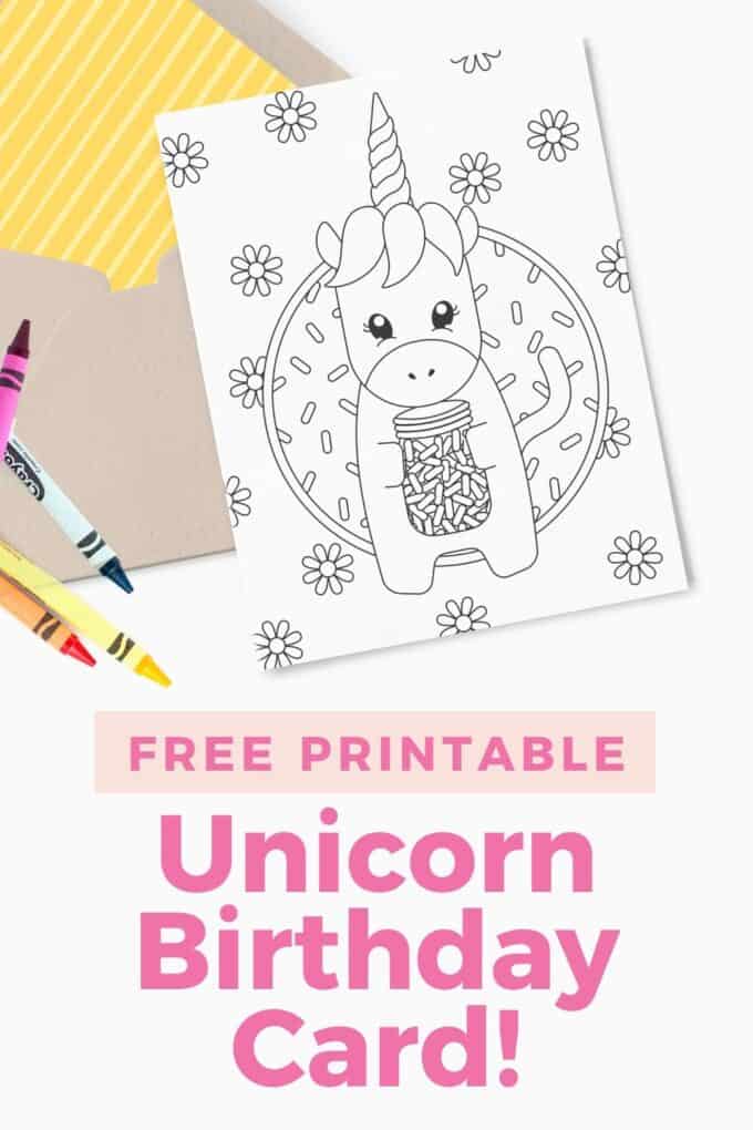 Printed 5x7 birthday card with unicorn sprinkle design. Includes kraft paper envelope and crayons