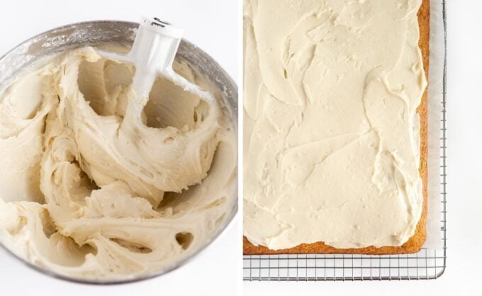 Bowl of cream cheese frosting in mixing bowl next to finished frosted banana cake 