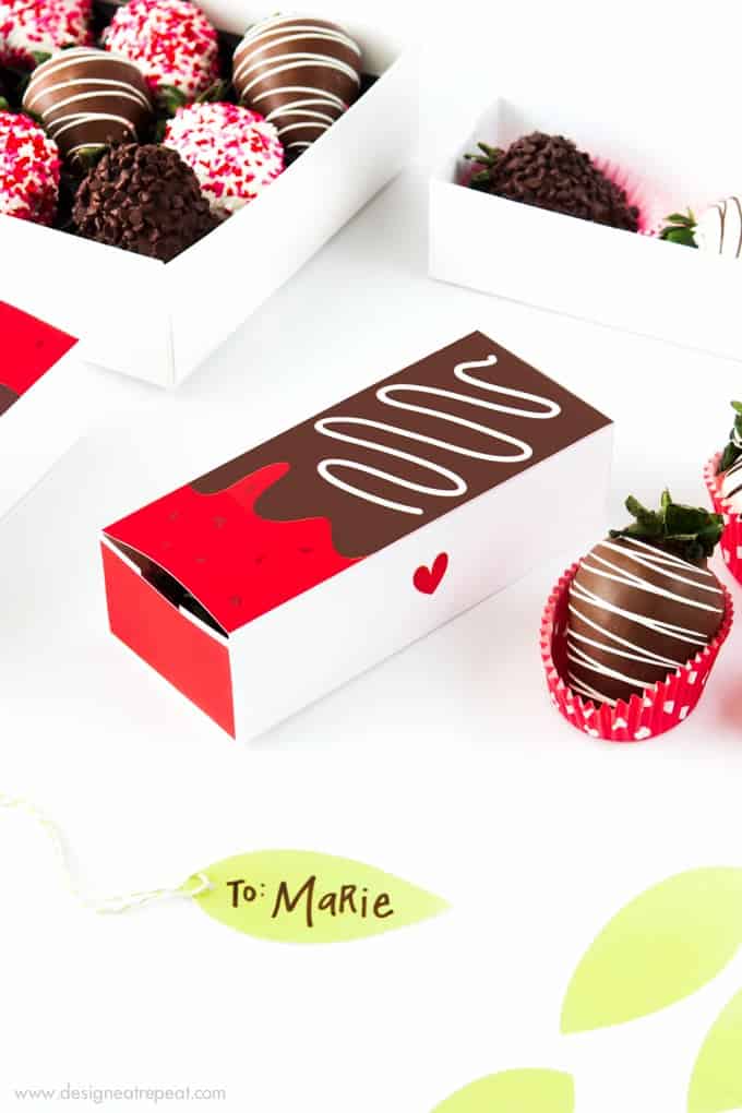 Gift berries in style with these free Printable Chocolate Covered Strawberry Valentine's Day Gift Boxes by Design Eat Repeat!