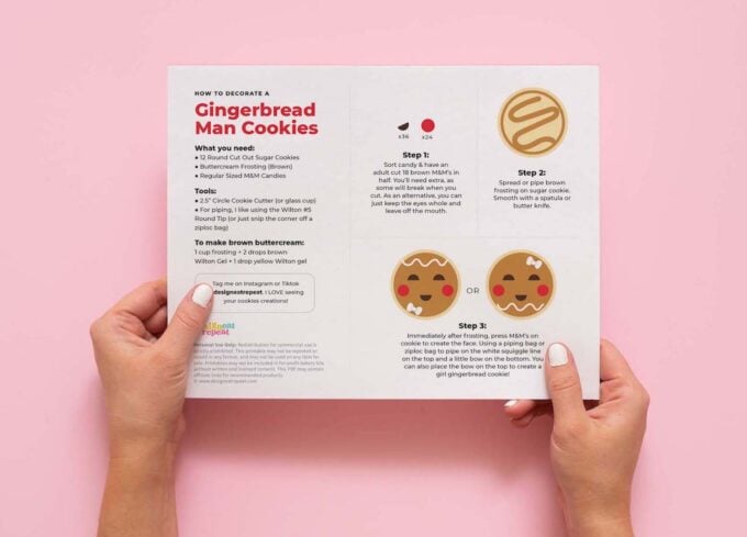 hands holding printable gingerbread man cookie instruction sheet printable