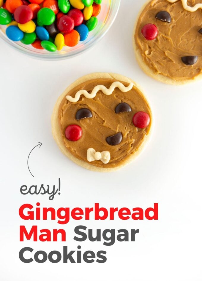 easy gingerbread man face cookie using circle cookie cutter, decorated with M&M candy