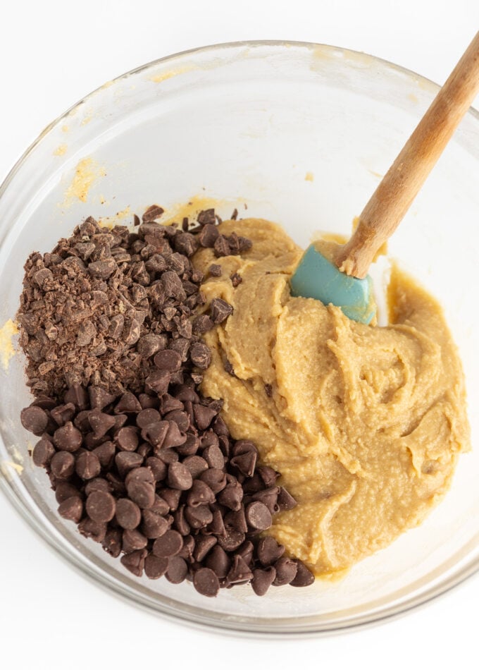 mixing chocolate chip cookie cake dough