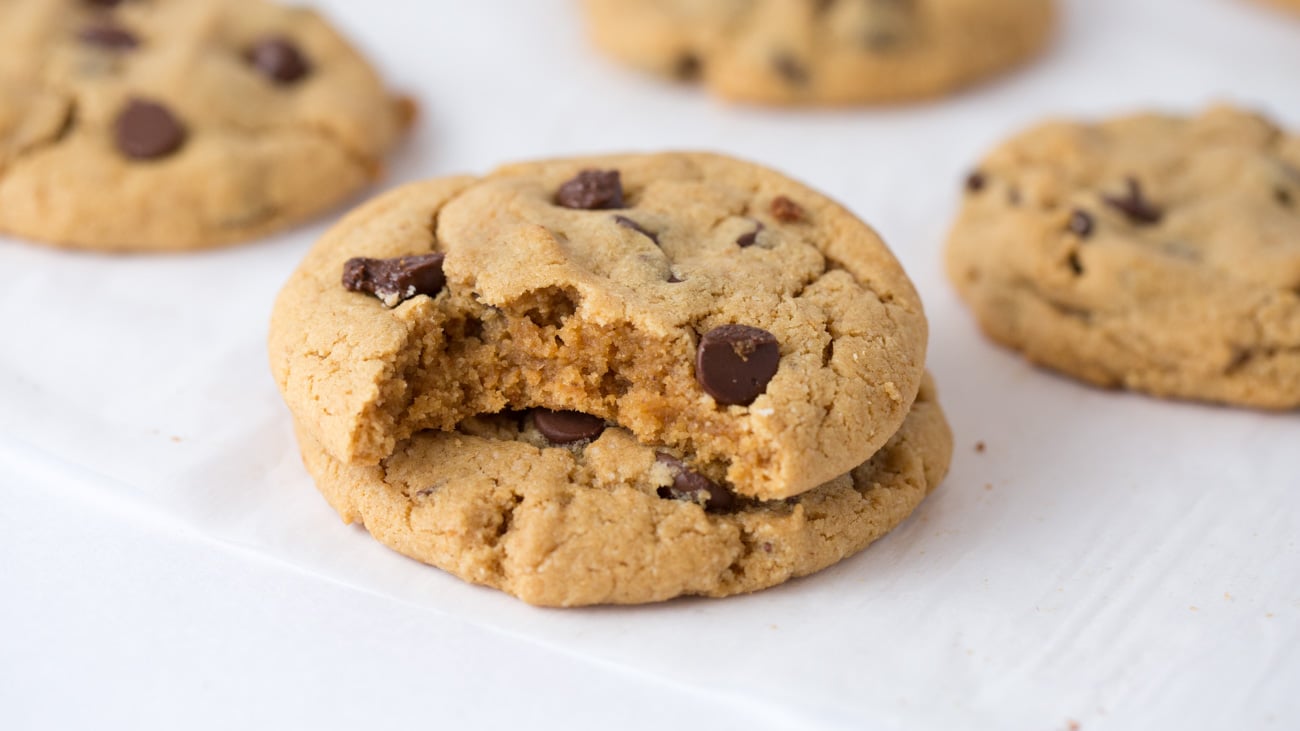 Bite out of Chewy and Soft Gluten Free Peanut Butter Chocolate Chip Cookies
