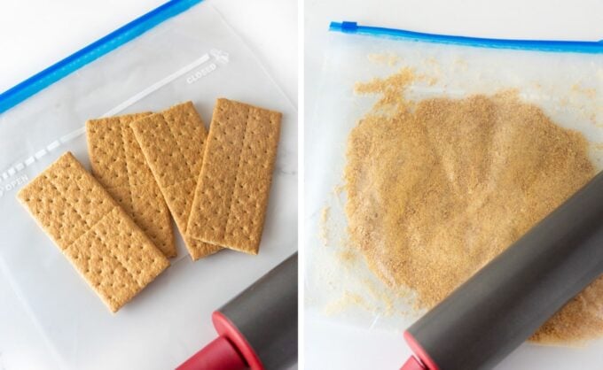 crushing graham crackers into crumbs in ziploc bag with rolling pin
