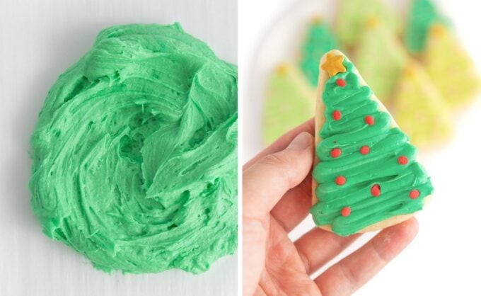 Bowl of green frosting next to hand holding green christmas tree sugar cookie