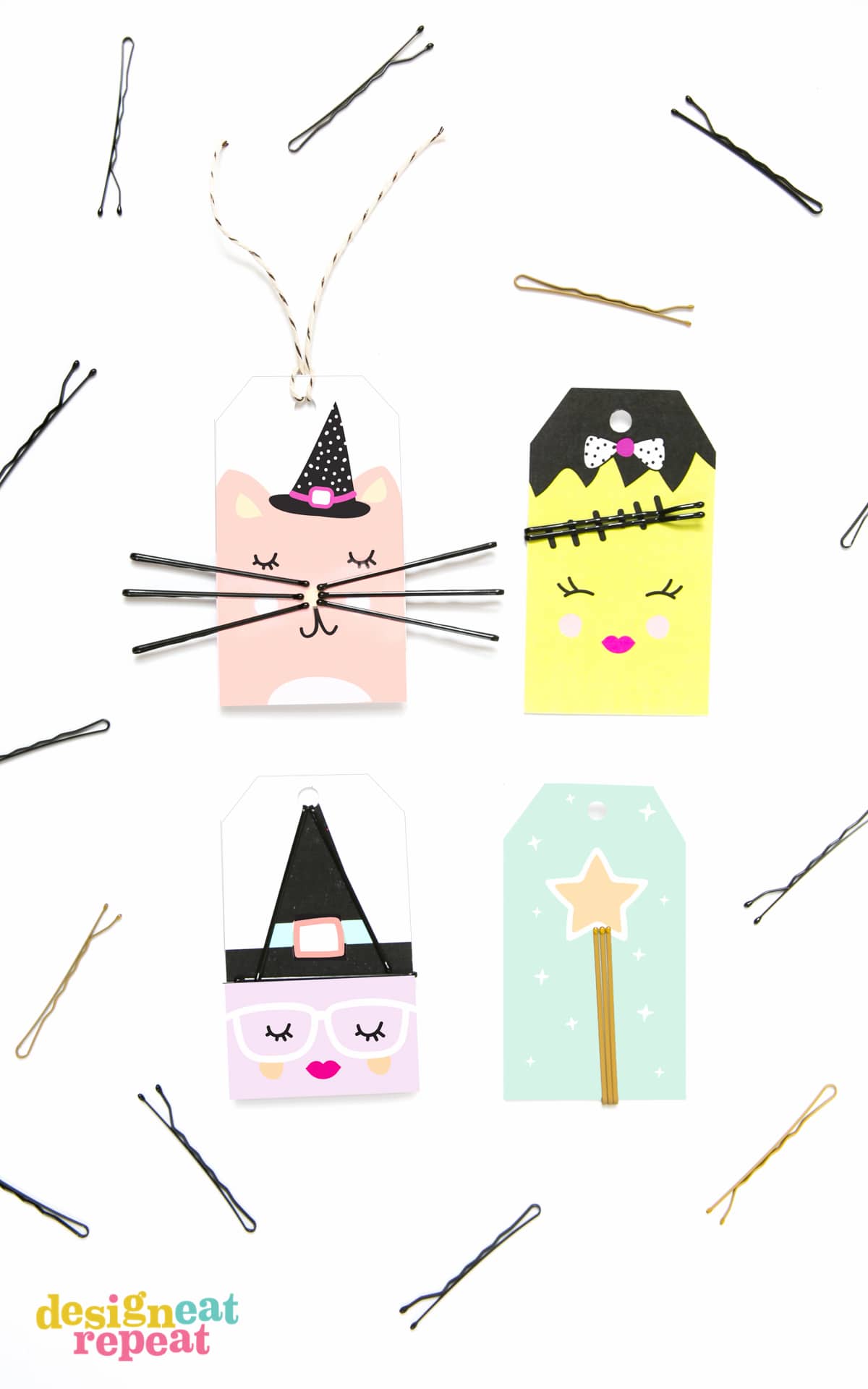 Attach bobby pins to these adorable Halloween tags and help solve the mystery of where the millions of bobby pins across the world disappear to! Download the FREE printable at Design Eat Repeat.