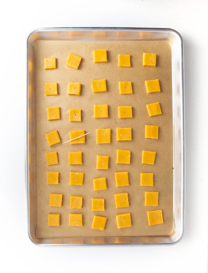 Tray of cheddar cheese crackers unbaked