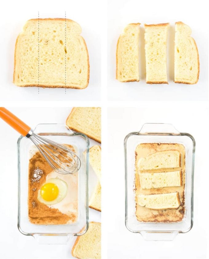 Step by step instructions to make french toast sticks. Shows how to cut bread, whisk egg mixture, and dip