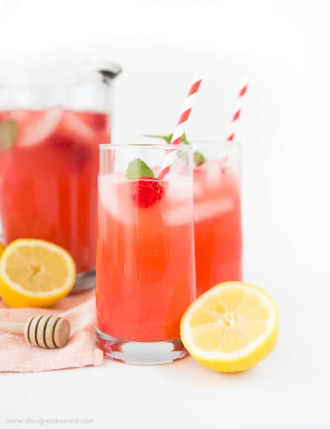 Add pureed raspberries to lemonade for a colorful and refreshing summer drink! Find the recipe for Homemade Raspberry Lemonade at Design Eat Repeat.