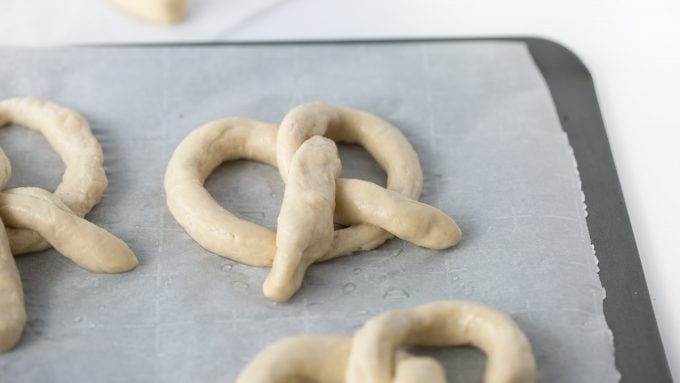 Twist pretzel dough into homemade soft pretzels