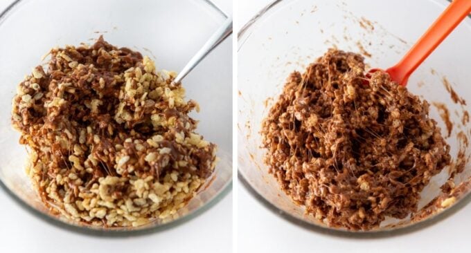 Step by step photo showing how to mix and coat the rice krispy cereal with the chocolate mixture