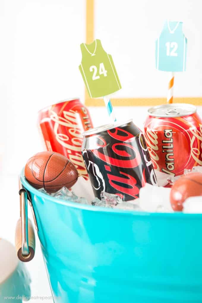 How to put together a easy basketball party snack table + free basketball jersey printable drink toppers!